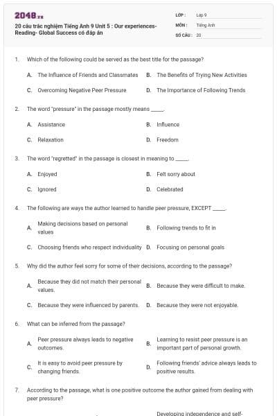 20 câu trắc nghiệm Tiếng Anh 9 Unit 5 : Our experiences-Reading- Global Success có đáp án