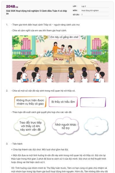 Giải SGK Hoạt động trải nghiệm 5 Cánh diều Tuần 4 có đáp án