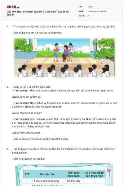 Giải SGK Hoạt động trải nghiệm 5 Cánh diều Tuần 26 có đáp án