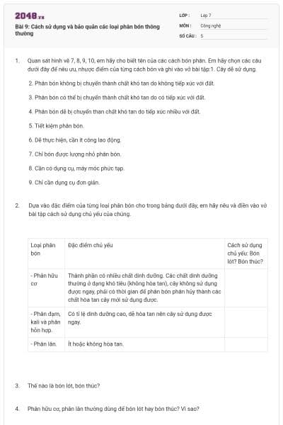 Bài 9: Cách sử dụng và bảo quản các loại phân bón thông thường