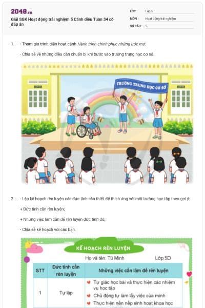 Giải SGK Hoạt động trải nghiệm 5 Cánh diều Tuần 34 có đáp án