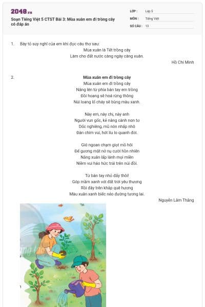 Soạn Tiếng Việt 5 CTST Bài 3: Mùa xuân em đi trồng cây có đáp án