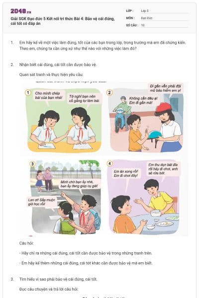 Giải SGK Đạo đức 5 Kết nối tri thức Bài 4: Bảo vệ cái đúng, cái tốt có đáp án