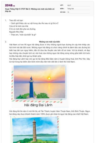 Soạn Tiếng Việt 5 CTST Bài 2: Những con mắt của biển có đáp án