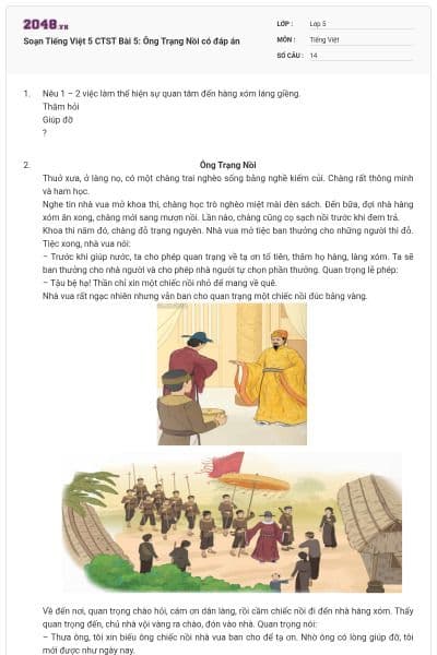 Soạn Tiếng Việt 5 CTST Bài 5: Ông Trạng Nồi có đáp án