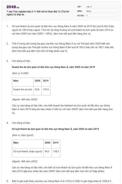 7 câu Trắc nghiệm Địa lí 11 Kết nối tri thức Bài 12 (Trả lời ngắn) có đáp án