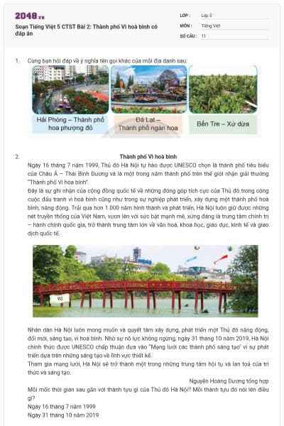 Soạn Tiếng Việt 5 CTST Bài 2: Thành phố Vì hoà bình có đáp án