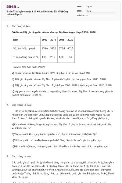 6 câu Trắc nghiệm Địa lí 11 Kết nối tri thức Bài 15 (Đúng sai) có đáp án