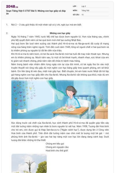 Soạn Tiếng Việt 5 CTST Bài 5: Những con hạc giấy có đáp án