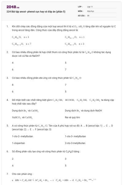 224 Bài tập ancol- phenol cực hay có đáp án (phần 5)