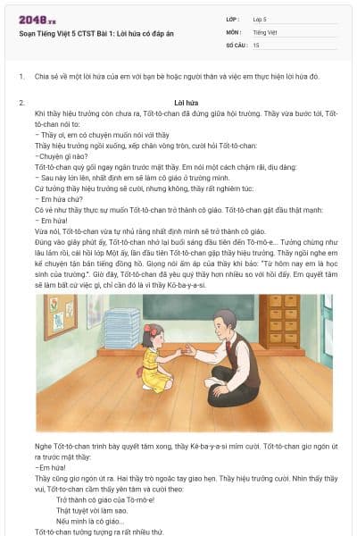 Soạn Tiếng Việt 5 CTST Bài 1: Lời hứa có đáp án