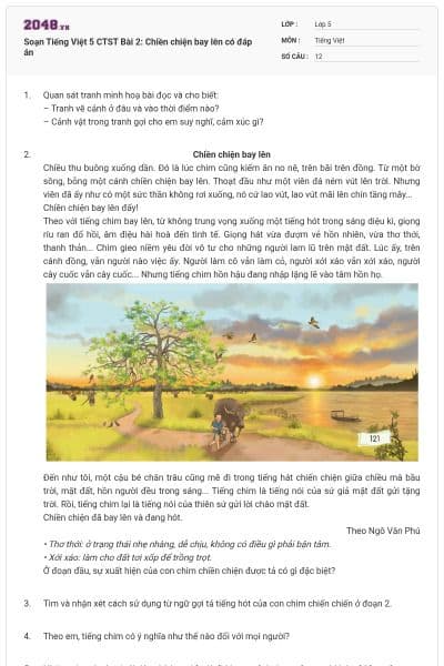 Soạn Tiếng Việt 5 CTST Bài 2: Chiền chiện bay lên có đáp án