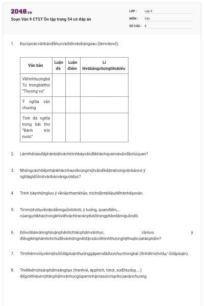 Soạn Văn 9 CTST Ôn tập trang 54 có đáp án