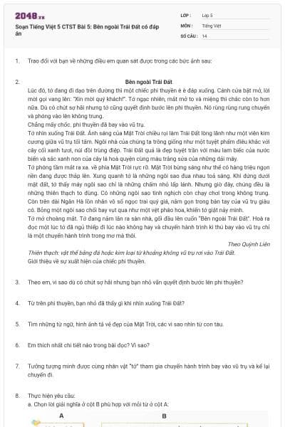 Soạn Tiếng Việt 5 CTST Bài 5: Bên ngoài Trái Đất có đáp án