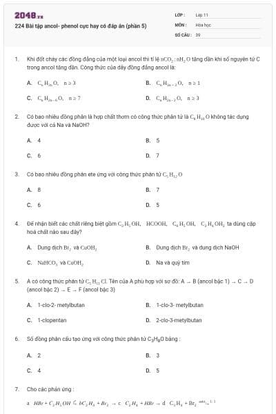 224 Bài tập ancol- phenol cực hay có đáp án (phần 5)