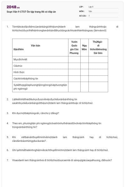 Soạn Văn 9 CTST Ôn tập trang 86 có đáp án