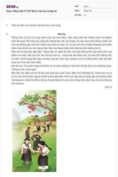 Soạn Tiếng Việt 5 CTST Bài 6: Vào hạ có đáp án