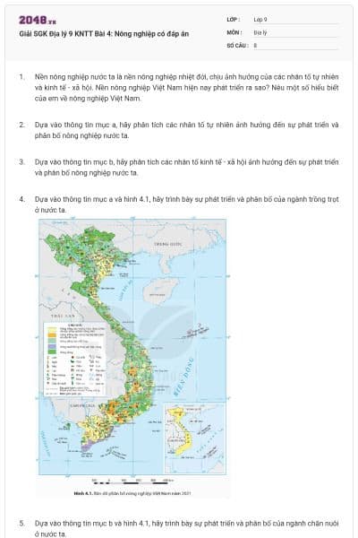 Giải SGK Địa lý 9 KNTT Bài 4: Nông nghiệp có đáp án