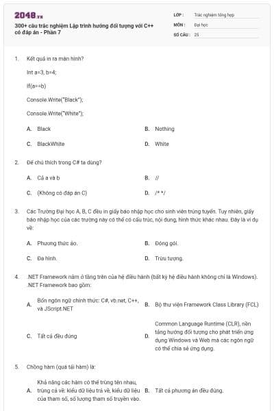 300+ câu trắc nghiệm Lập trình hướng đối tượng với C++ có đáp án - Phần 7