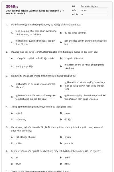 300+ câu trắc nghiệm Lập trình hướng đối tượng với C++ có đáp án - Phần 9