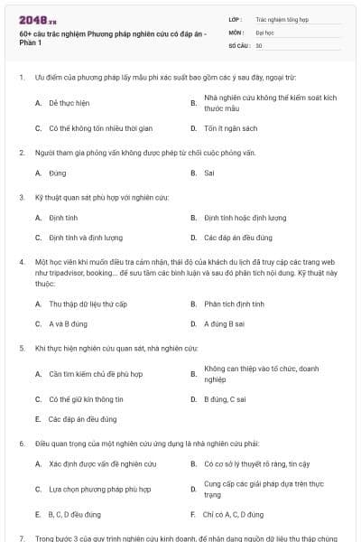 60+ câu trắc nghiệm Phương pháp nghiên cứu có đáp án - Phần 1