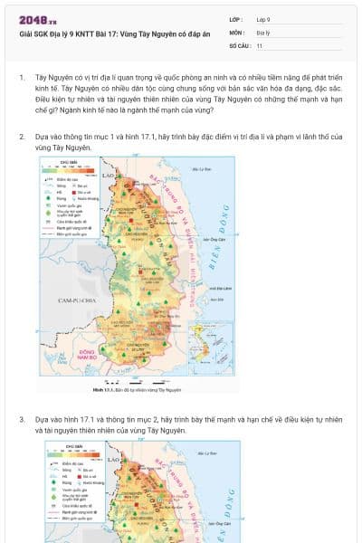 Giải SGK Địa lý 9 KNTT Bài 17: Vùng Tây Nguyên có đáp án