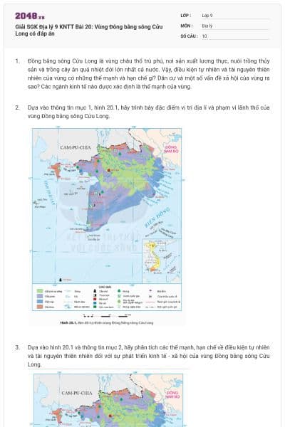 Giải SGK Địa lý 9 KNTT Bài 20: Vùng Đông bằng sông Cửu Long có đáp án