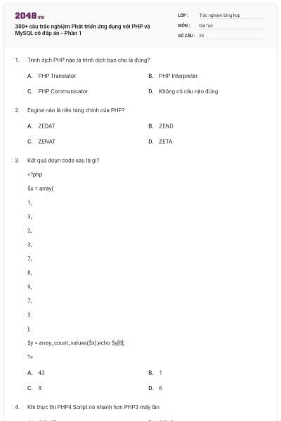 300+ câu trắc nghiệm Phát triển ứng dụng với PHP và MySQL có đáp án - Phần 1