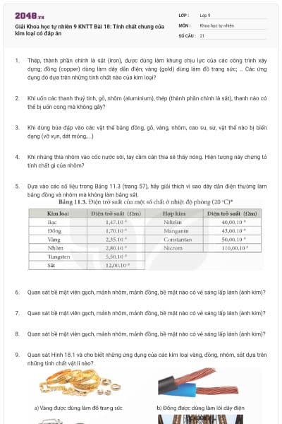 Giải Khoa học tự nhiên 9 KNTT Bài 18: Tính chất chung của kim loại có đáp án