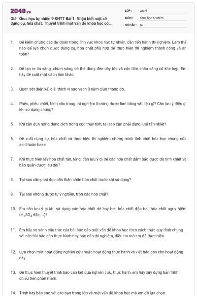 Giải Khoa học tự nhiên 9 KNTT Bài 1: Nhận biết một số dụng cụ, hóa chất. Thuyết trình một vấn đề khoa học có đáp án
