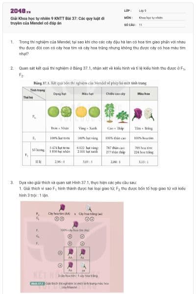 Giải Khoa học tự nhiên 9 KNTT Bài 37: Các quy luật di truyền của Mendel có đáp án