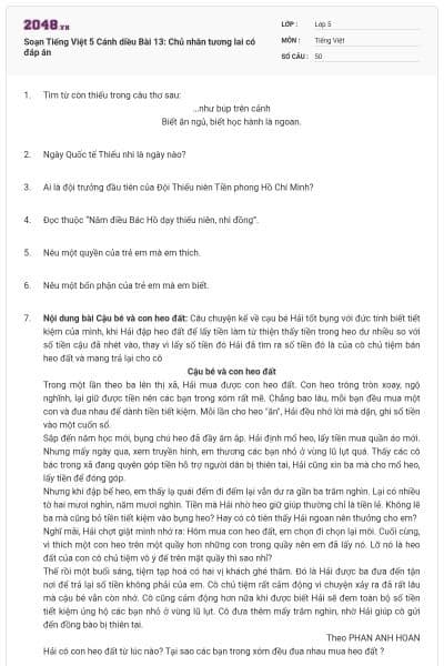 Soạn Tiếng Việt 5 Cánh diều Bài 13: Chủ nhân tương lai có đáp án