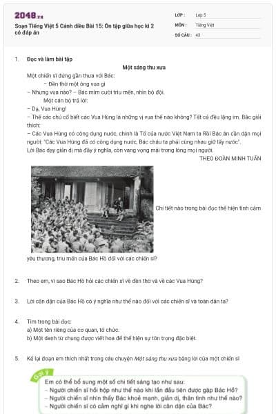 Soạn Tiếng Việt 5 Cánh diều Bài 15: Ôn tập giữa học kì 2 có đáp án