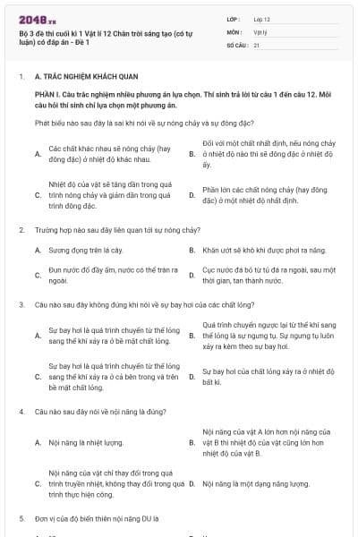 Bộ 3 đề thi cuối kì 1 Vật lí 12 Chân trời sáng tạo (có tự luận) có đáp án - Đề 1