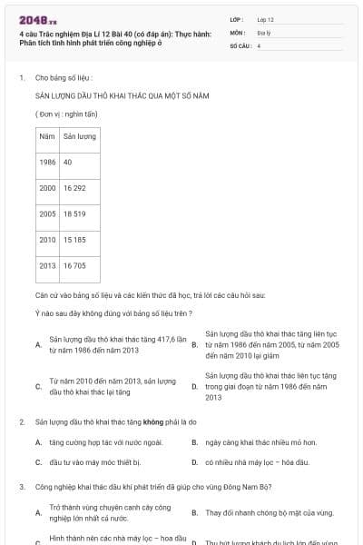 4 câu Trắc nghiệm Địa Lí 12 Bài 40 (có đáp án): Thực hành: Phân tích tình hình phát triển công nghiệp ở