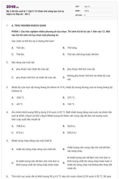 Bộ 3 đề thi cuối kì 1 Vật lí 12 Chân trời sáng tạo (có tự luận) có đáp án - Đề 2