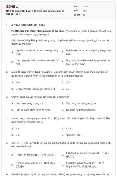 Bộ 3 đề thi cuối kì 1 Vật lí 10 Cánh diều cấu trúc mới có đáp án - Đề 1