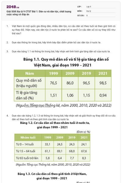 Giải SGK Địa lý 9 CTST Bài 1: Dân cư và dân tộc, chất lượng cuộc sống có đáp án
