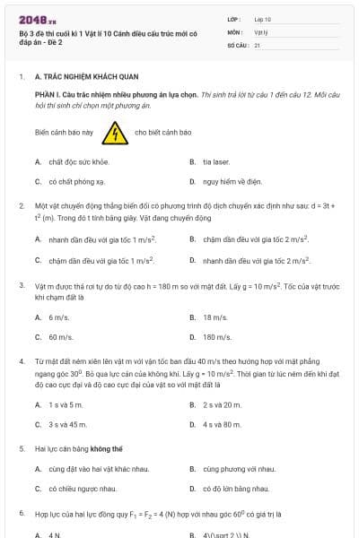 Bộ 3 đề thi cuối kì 1 Vật lí 10 Cánh diều cấu trúc mới có đáp án - Đề 2