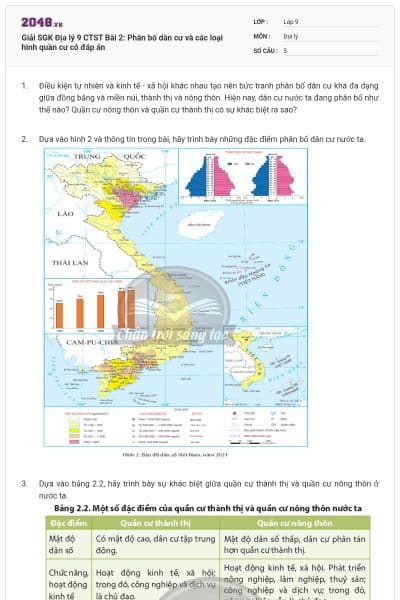 Giải SGK Địa lý 9 CTST Bài 2: Phân bố dân cư và các loại hình quần cư có đáp án