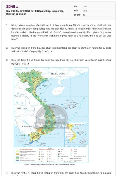 Giải SGK Địa lý 9 CTST Bài 4: Nông nghiệp, lâm nghiệp, thủy sản có đáp án