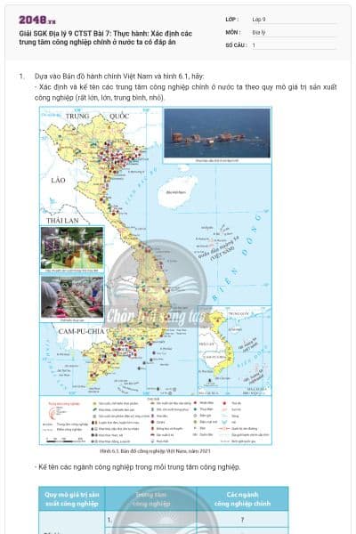 Giải SGK Địa lý 9 CTST Bài 7: Thực hành: Xác định các trung tâm công nghiệp chính ở nước ta có đáp án