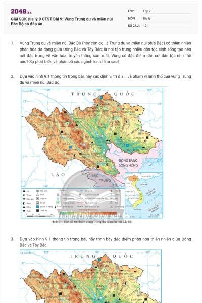 Giải SGK Địa lý 9 CTST Bài 9: Vùng Trung du và miền núi Bắc Bộ có đáp án