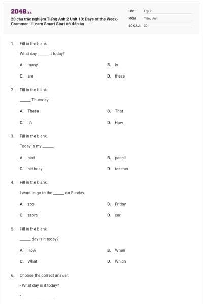 20 câu trắc nghiệm Tiếng Anh 2 Unit 10: Days of the Week- Grammar - iLearn Smart Start có đáp án