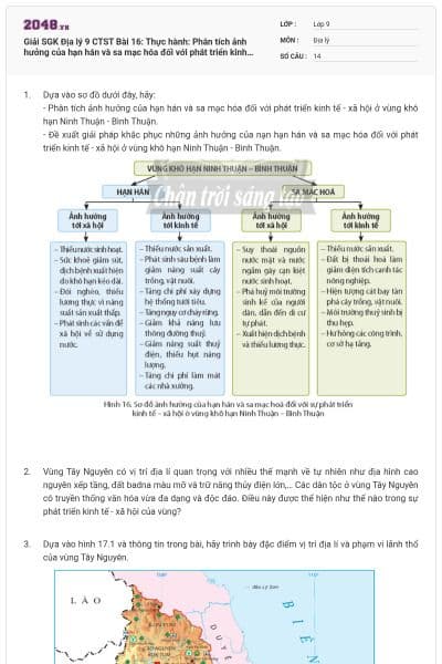 Giải SGK Địa lý 9 CTST Bài 16: Thực hành: Phân tích ảnh hưởng của hạn hán và sa mạc hóa đối với phát triển kinh tế- xã hội ở vùng khô hạn Ninh Thuận- Bình Thuận có đáp án