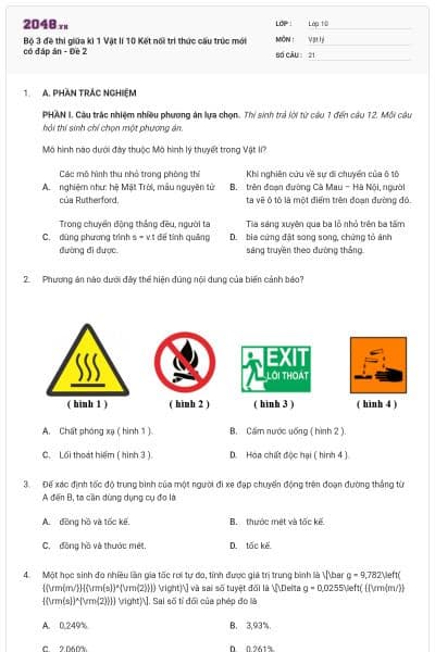 Bộ 3 đề thi giữa kì 1 Vật lí 10 Kết nối tri thức cấu trúc mới có đáp án - Đề 2