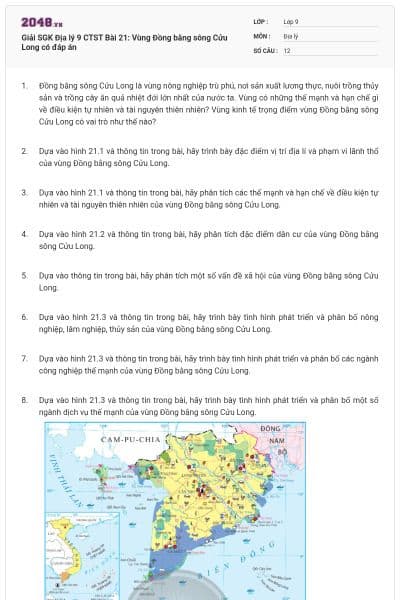 Giải SGK Địa lý 9 CTST Bài 21: Vùng Đồng bằng sông Cửu Long có đáp án