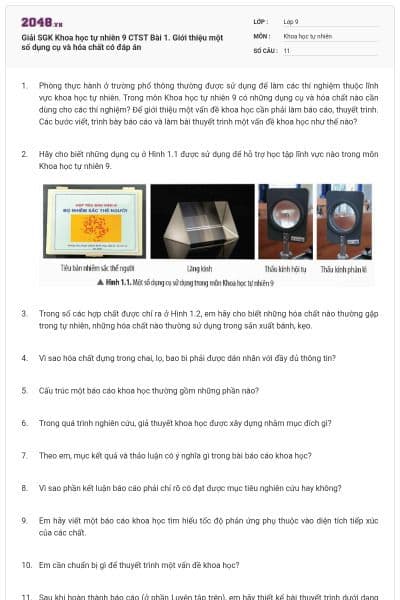 Giải SGK Khoa học tự nhiên 9 CTST Bài 1. Giới thiệu một số dụng cụ và hóa chất có đáp án