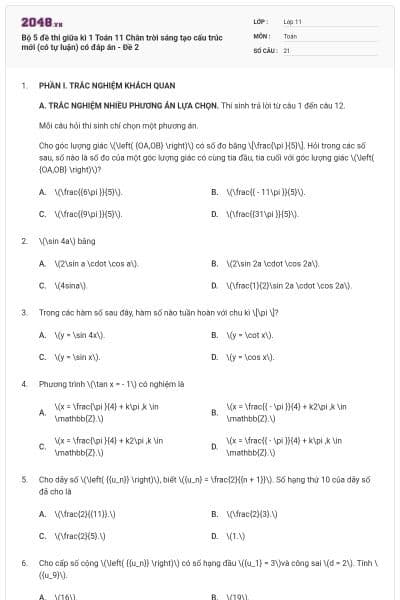 Bộ 5 đề thi giữa kì 1 Toán 11 Chân trời sáng tạo cấu trúc mới (có tự luận) có đáp án - Đề 2