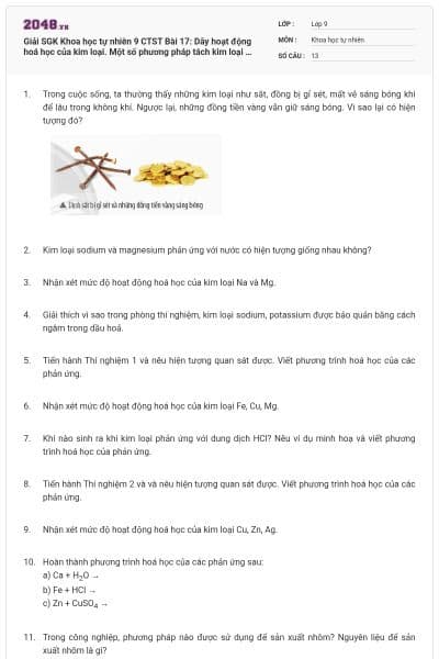 Giải SGK Khoa học tự nhiên 9 CTST Bài 17: Dãy hoạt động hoá học của kim loại. Một số phương pháp tách kim loại có đáp án